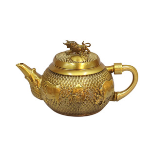纯黄铜五牛图铜茶壶摆件家居客厅酒柜厨房茶室仿古风装饰品工艺品