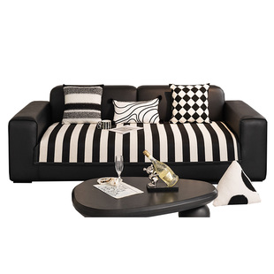 沙发垫布艺四季通用坐垫防滑黑白简约条纹高级感真皮沙发盖布套罩