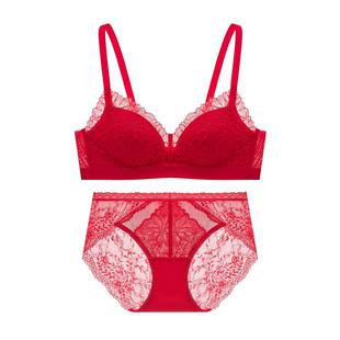 曼妮芬红色内衣套装性感蕾丝刺绣文胸内裤女士结婚新娘本命年胸罩