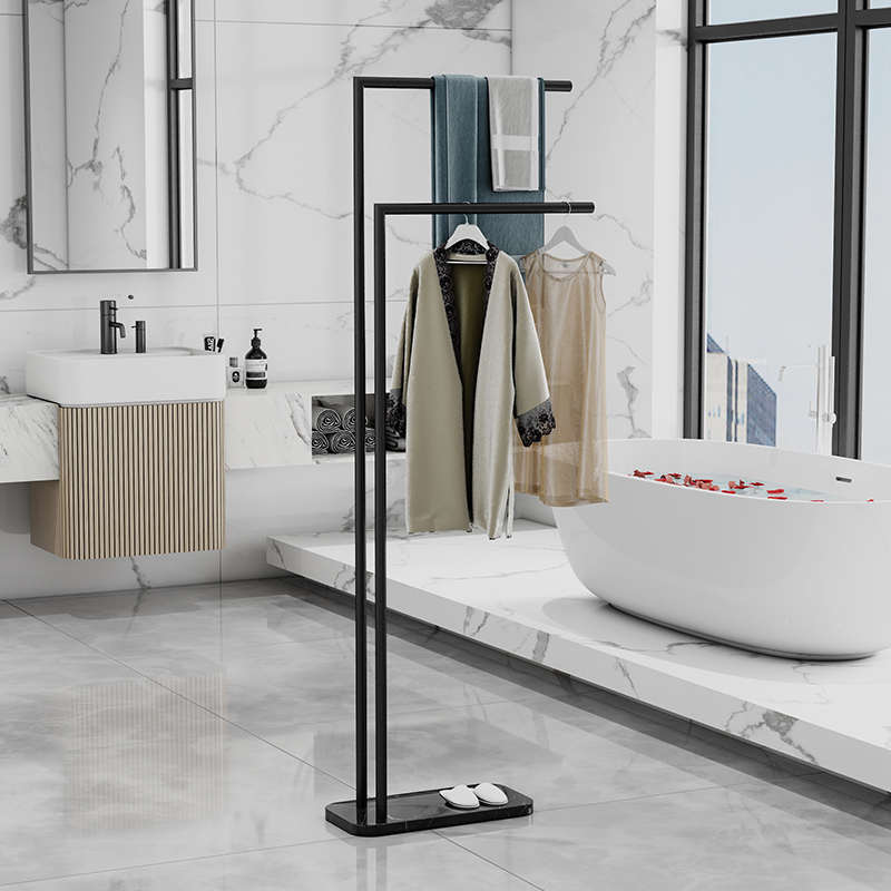 落地式毛巾架置地不锈钢免打孔双杠置物晾衣架黑色卫生间浴巾架子