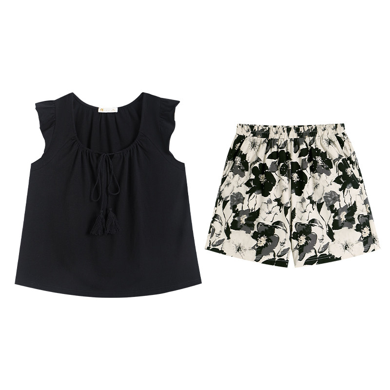 夏季柔软棉女清爽短裤家居服套装