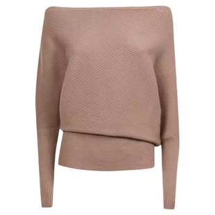 REISS驼色针织上衣蝙蝠袖一字领露肩短款修身经典百搭气质显瘦