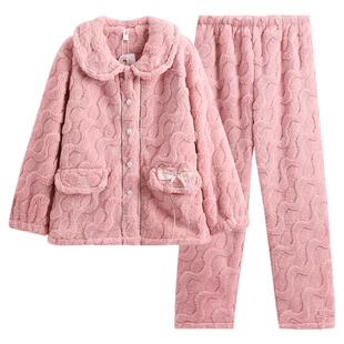 芬腾秋冬季珊瑚绒女士睡衣加绒加厚套装新款宽松大码法兰绒家居服