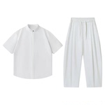 夏季薄款冰丝短袖纯色衬衣衬衫休闲裤两件套新中式套装潮男女同款