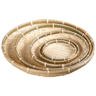 手工黄丝竹编农家托盘零食果盘圆簸箕竹筐馒头筐茶点盘幼儿园装饰