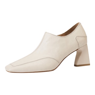 羊皮高跟鞋女粗跟2025秋冬新款真皮复古单鞋方头深口女鞋白色加绒