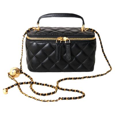 黑色羊皮长盒子包小金球化妆包