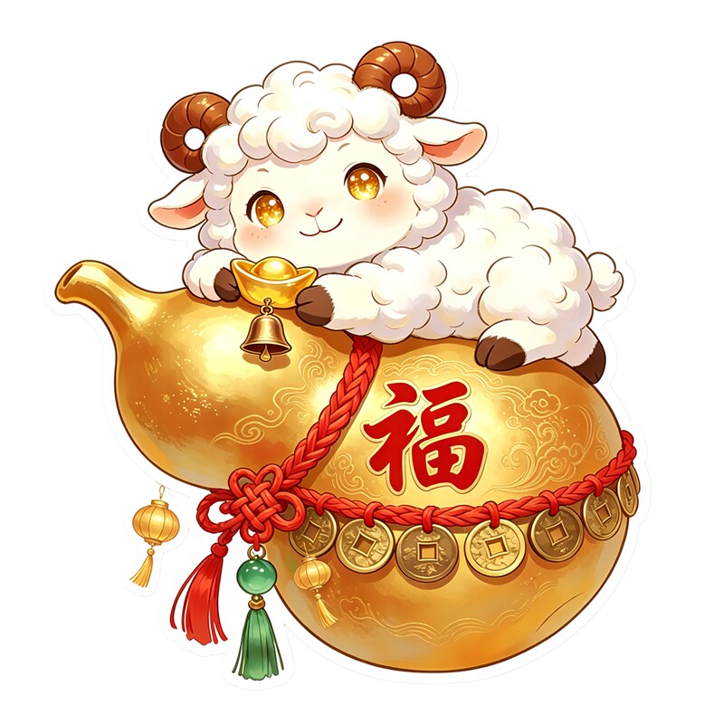 小羊金葫芦墙贴福字羊年贴纸铜钱中国结铃铛新年吉祥防水装饰贴画