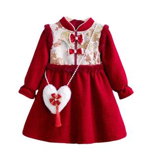 女童加绒连衣裙冬季宝宝红色新中式元旦演出服儿童喜庆国风拜年服