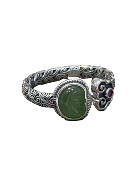 复古如意元宝戒指女士新中式做旧小众轻奢气质唐草纹碧玉开口指环