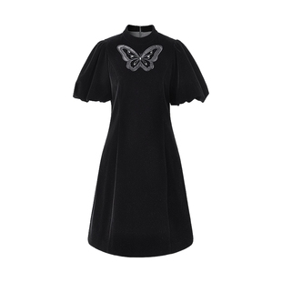 MISSCOCOON可可尼黑色连衣裙泡泡袖丝绒裙女2025新款法式宫廷礼服