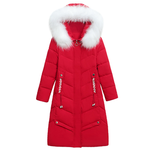 品牌羽绒服女中长款2025冬装新款修身显瘦加厚鸭绒红色白毛领外套