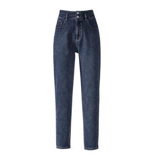 逸阳加绒翻边哈伦牛仔裤女2025秋冬新款阔腿宽松直筒小个子老爹裤