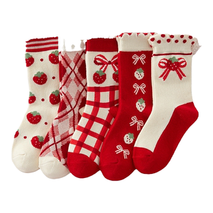 女童袜子秋冬纯棉红色本命年加厚中筒棉袜新年儿童宝宝过年红袜冬