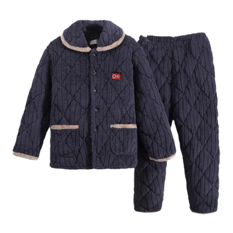 冬季情侣珊瑚绒夹棉睡衣三层加厚加绒保暖男女士可外穿家居服套装