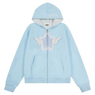 nely小尼力星星卫衣开衫女春秋设计感立体翅膀格纹拉链连帽外套