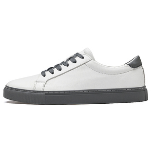 秋季男鞋韩版潮流软头层牛皮低帮小白鞋透气休闲平板鞋男黑底白面