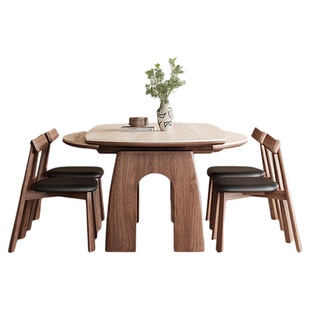 中古风洞石岩板伸缩餐桌可变圆桌家用小户型实木折叠高级感吃饭桌