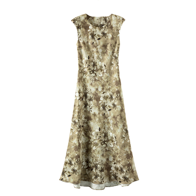 晚白高腰印花大摆连衣裙