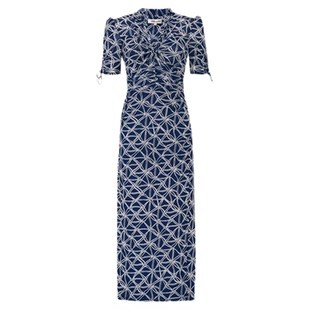 [弹力网纱]DVF2026春夏新款海军蓝水波米字花修身连衣裙DS1U014