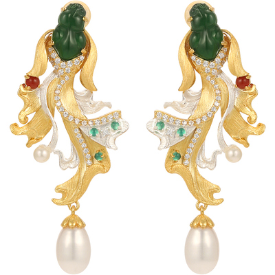 非遗花丝锦鲤翡翠珍珠银鎏金耳环