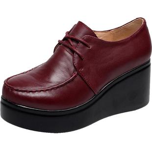 2026春秋新款真皮女鞋高跟单鞋女系带坡跟松糕底复古厚底舒适皮鞋