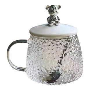 牛奶泡燕麦小熊玻璃杯大肚带盖简约锤纹咖啡杯礼品杯办公室早餐杯