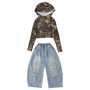 女童jazz迷彩爵士舞表演服装少儿牛仔练功服裤子儿童街舞演出服潮