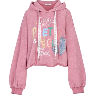 妖精的口袋粉色字母连帽印花卫衣女2026年早春新款小个子短款上衣
