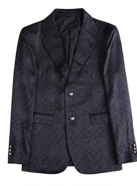 高级感印花西装外套商务休闲男士提花修身西服痞帅时尚单西便服潮