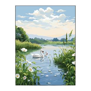 治愈白天鹅diy数字油画风景油彩填色填充手绘画画解闷手工涂色画