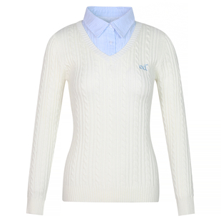 LK STORE LKOD2025条纹衬衣领od字母毛衣v领假两件长袖针织修身女