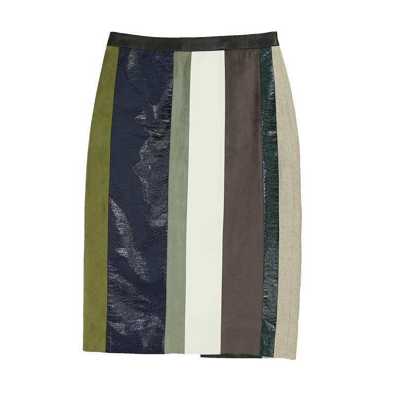 YOUWEI有尾2024秋季游牧拼色皮半裙女直筒中裙Y5824338