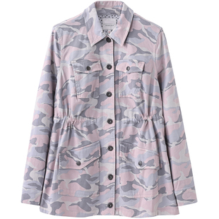欧美水洗98%棉斜纹迷彩印花收腰风衣外套 外贸原单女装特大码春秋