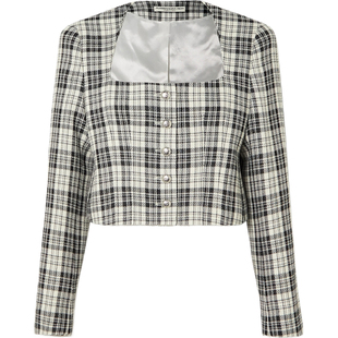 【38开门红】Alessandra Rich 秋冬女方领格纹绵羊毛短款修身外套