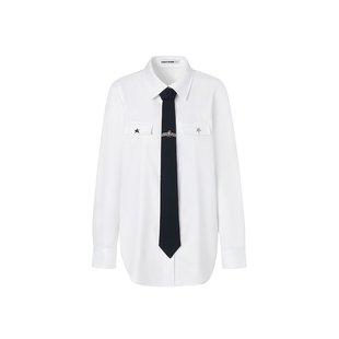 【明星同款】LEDIM WANG撞色领带衬衫女26春新款白色长袖宽松衬衣