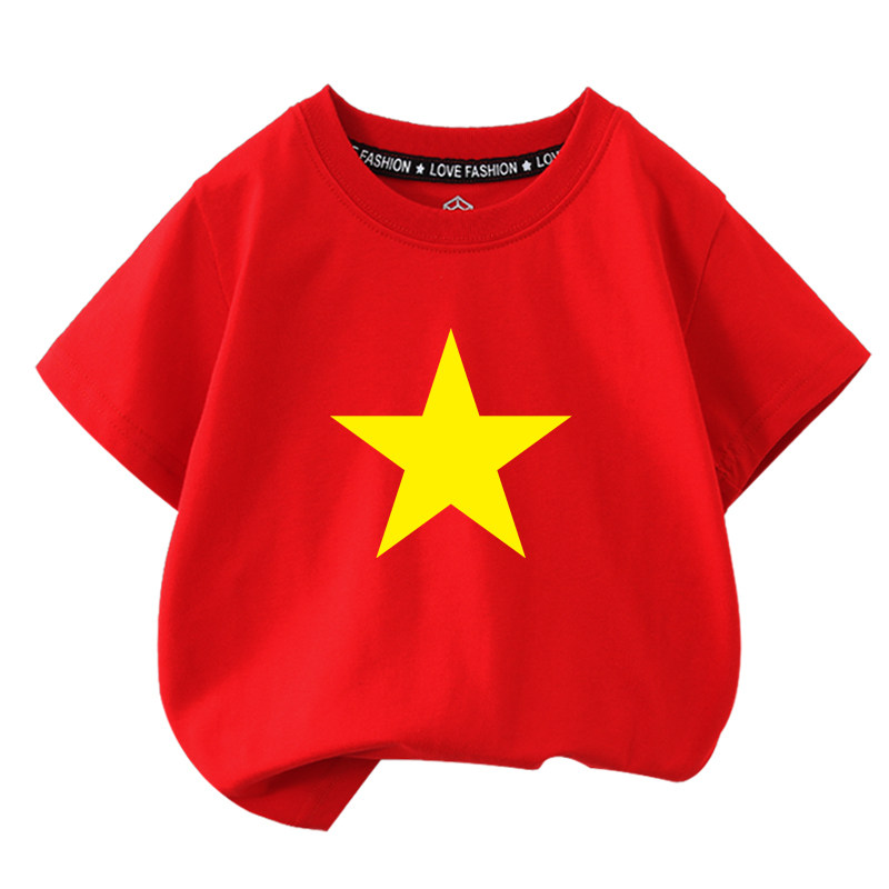2025红色儿童T恤五角星男女童短袖夏装十一国庆童装爱国衣服班服