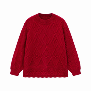 女童2026新年装双柔纱中大儿童冬季长袖保暖立领麻花加厚红色毛衣