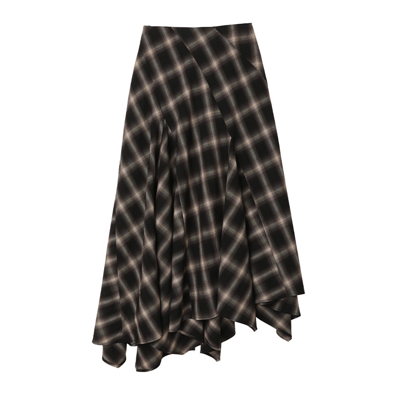 AFTER TEEN斜裁工艺 不对称裙边 双倍耗料 格纹阔摆格纹半身长裙