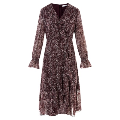 朗姿荷叶边V领收腰连衣裙女A摆复古灯笼袖花裙子2025年秋季新款