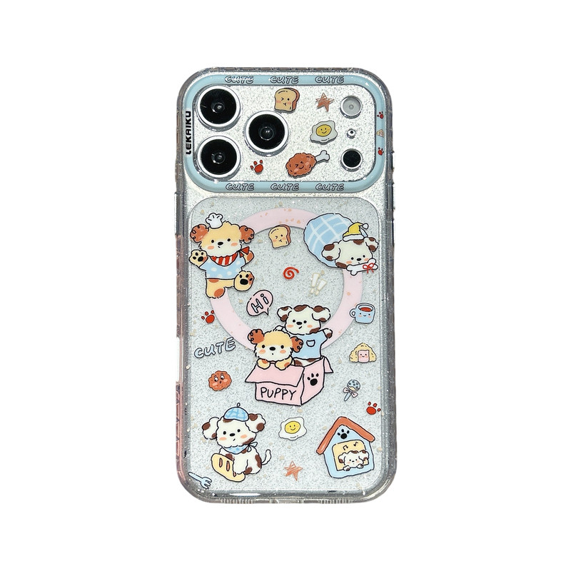 LEKAIKU透色细闪熊猫腊肠小狗适用iphone苹果17promax可爱16pro卡通15小众包ai五金按键精孔气囊边磁吸手机壳
