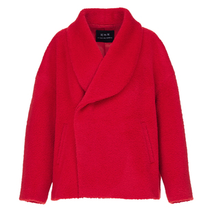 花木深新中式毛呢外套女新款呢子上衣红色拜年服短款翻领羊毛大衣