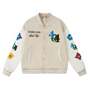 404MOB全幅毛巾绣情侣棒球服外套女美式复古宽松学院风飞行夹克男