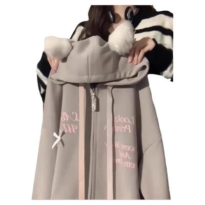 加绒加厚连帽卫衣女宽松开衫外套