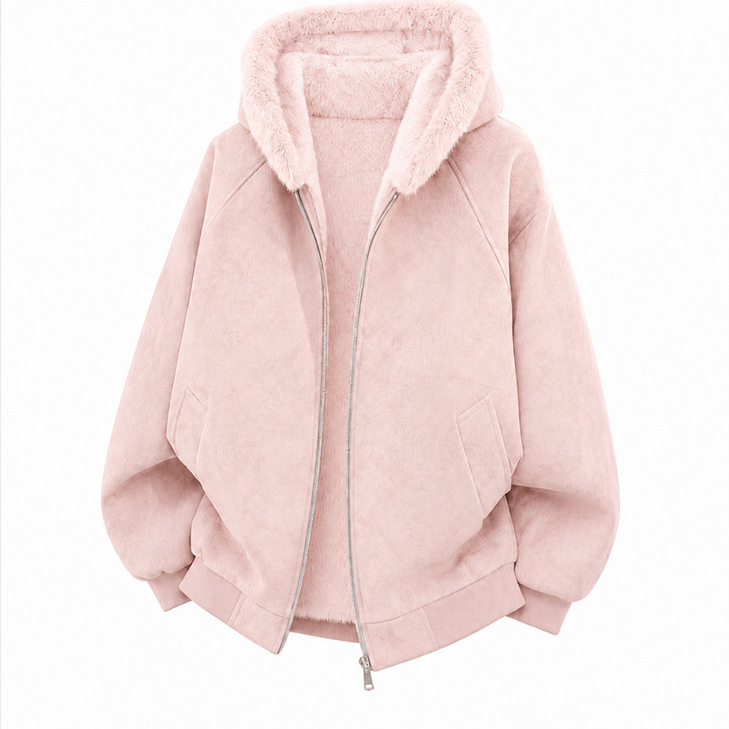 冬季羊羔毛连帽加厚麂皮绒棉服
