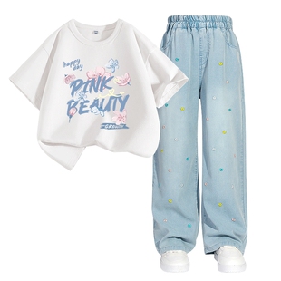 拉夏贝尔女童夏季套装2026新款儿童短袖裤子两件套女孩薄款牛仔裤