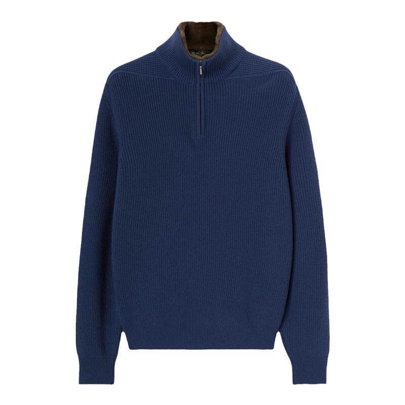 Loro Piana/诺悠翩雅男装可拆毛领羊绒保暖蓝色长袖针织衫