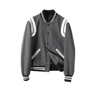 SLP风格经典灰色棒球服夹克羊皮拼接秋冬男女外套潮流 羊毛呢夹克