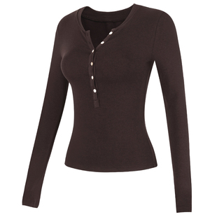 健身女孩新款瑜伽服长袖亨利领显瘦打底普拉提训练运动上衣2025秋