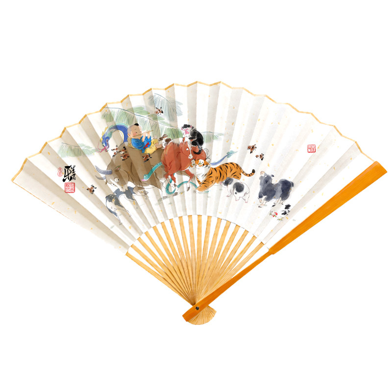 十二生肖折扇文玩扇子高端手磨玉竹原创非遗中国风纸面夏季礼品扇